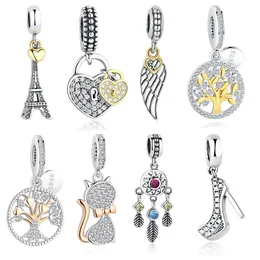 ELESHE 925 Sterling Silver Eiffel Tower Family Tree Gold Charm Bead Fit Original Bracelets & Bangles Pendant DIY Jewelry Q0531
