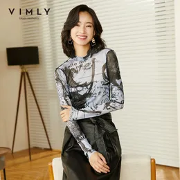 Vimly Magliette da donna di moda Autunno Creatività Stampa Design Manica lunga Slim Casual Top Pullover femminili F2866 210302