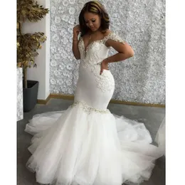 Elegant White Mermaid Wedding Dresses Crystals Beads Off Shoulder Sexy Open Back Long Bridal Gowns Plus Size African Bride Dress Vestidos