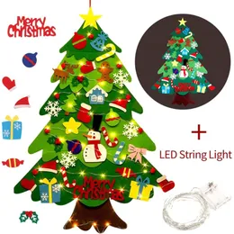 Juldekorationer 1 Set Barn DIY Felt träd med avtagbara tecknade ornament och LED-strängljus Xmas dörrvägg hängande