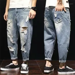 Fashion Mens Baggy Ripped Hole Jeans 2022 Street Style Blue Denim Pants Loose Washed Mid-Waist Vaqueros Rotos De Hombre