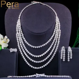 Pera 4 SZTUK Ślubna Party CZ Crystal Gorgeous Wielowarstwowe Choker Naszyjnik Kolczyk Bransoletka Zestawy Biżuteria Zestawy dla kobiet J408 H1022