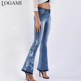 Logami blomma broderi skinny jeans kvinna vintage flare denim byxor 220310