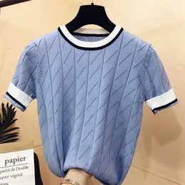 summer arrival short sleeve o-neck patchwork sweater women fresh cute loose knitted pullover Modis tops 211018