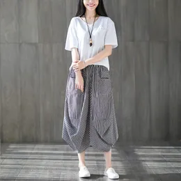 Skirts Women Retro Striped Summer Oversize Chic Midi Skirt Elastic Waist Boho Cotton Linen Saias Baggy Casual Loose Lady Cool Long Jupe