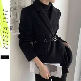 Women's Black Woollen Suit Jacket Minority Autumn Winter Arrival Fashion Belted Thick Wool Coat Outerwear For Lady 210608