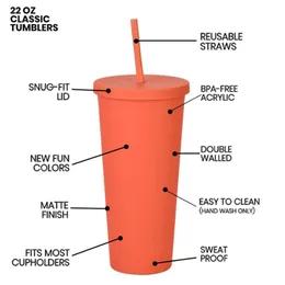 22oz SKIN TUMBLERS Mugs Matte Colored Acrylic with Lids and Straws Double Wall Plastic Resuable Cup high ottir