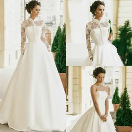 Vestidos de casamento de cetim vintage rendas mangas compridas vestidos de pescoço alto destacável jaqueta sem alças feito sob encomenda trem de varredura botões cobertos robe de mariee 401 401