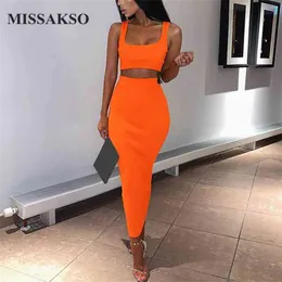 Missakso Two Piece Set Midi Dress Sleeveless Tank Club Fashion Party Summer Women Ribbed Dresses Neon Green Orange Pink 210730