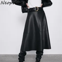 Neophil Vintage Women Leather Midi Skirts PU Faux Winter Warm Fashion Sashes A-Line High Waist Flare Belt Skirt Longa Saia S9730 210629