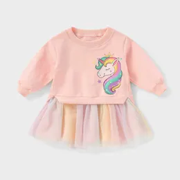 Fall Winter Kids Cacual Knit Cotton Tutu Dress for Little Girls Unicorn Korean Baby Clothes Rainbow Color Clothing 210529