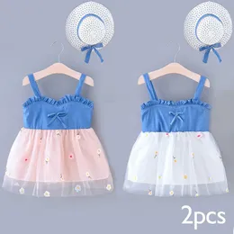 2020 Denim Beach Dress Baby Girls Clothes 2pcs Ärmlös Lace Suspender Princess Party Dress With Hat Kid Girl Q0716