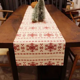 1ピースのクリスマステーブルランナー赤いスノーフレーク雪だるまクリスマスの家のテーブルの布の装飾211117