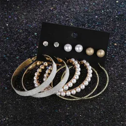 Hoop Huggie 6 Pair / Set Punk Style Oversize Big Round Gold Kolczyki Zestaw Dla Kobiet Oświadczenie Biżuteria Kobiet Pearl Circle Earring