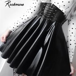 Rockmore Pu Couro Nightclub A-Linha Mini Saia Mulheres Zipper Gothic Punk Estilo Alto Cintura Sexy Micro acima das saias do joelho Mulheres 210311