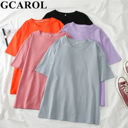 Gcarol Yaz T-Shirt Kadınlar Şeker Boy Erkek Arkadaşı Tarzı Mükemmel Temel Tees Üstleri Kilitli Yukarı Giysi Kazak 210306
