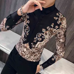 Luksusowa Koszula Królewska Mężczyźni Casual Slim Fit Długi Rękaw Mężczyźni Paisley Drukuj Koszula Camisa Masculina Manga Longa Party Party Koszula 210628