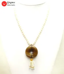 Pendant Necklaces Qingmos Natural 6-7mm White Pearl Necklace For Women 19" Chokers With 40mm Donuts Brown Agates Jewelry