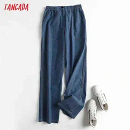 Tangada Fashion Women High Quality Loose Jeans Pants Long Trousers Strethy Waist Pockets Buttons Female 4C144 211129