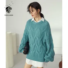 FANSILANEN Lantern sleeve twist oversized knitted sweater Women blue autumn winter casual pullover Female vintage jumper top 210607