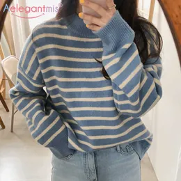 AeelegantMis vintage classico wome blu bianco maglione a strisce pullover coreano moda casual allentato femmina maglia maglia jumper retrò 210607
