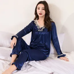 WAVMIT long Sleeve Pajamas Ice Silk Set 2Pcs Women Sleepwear Shirt V-neck Polyester Nightwear for Women long Top Pant Homewear X0526