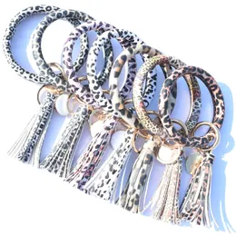 DHL Bezpłatne PU Skórzane Tassels Bransoletka Keychain PU Nadgarstek Brelok Pierścień Słonecznik Leopard Wzory Bangle Holder Dia 7.5cm