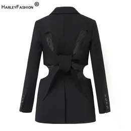 HarleyFashion European Designer Streetwear Top Quality Stylish Backless Lace-UP Black Loose Fashion Long Blazer Women Jackets 211122