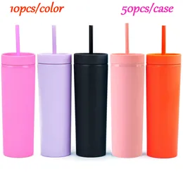 Lokalt lager 16oz akryl Skinny tumblers Matte färgade koppar med lock och halm 2 Layer Plast Tumblers med Color Straw US Stock