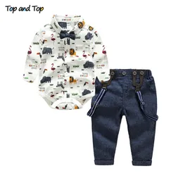 Top and Top Baby Boy Clothing Set Autumn Newborn Gentleman Suit Long Sleeve Bow Shirt+Suspender Pants Kids Cotton Formal Clothes 210226