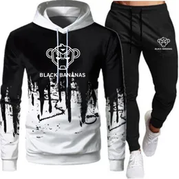 2021 Höst Spring Mäns Hoodies + Sweatpants Set Svart Sweatshirts Fashion Slim Fit Male Bananas Hip Hop Pullover Hoody