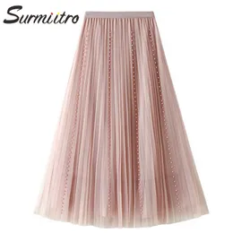 Surmiitro verão midi long tulle plissado saia mulheres estilo coreano rosa beading mid-borda alta cintura uma linha saia feminina 210712