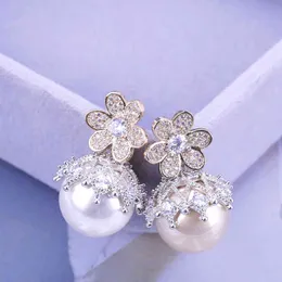 Xiueiyizu Shinning Pearl Stud Dla Kobiet Ślub Handmade Kolczyki Świeży Kwiat Design Cyrkon Biżuteria