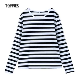 Toppies Striped T-shirts Casual Oversized Round Neck Vintage Basic Tops Tees Women Long Sleeve White Black T-shirts 211110