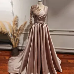 One Hot Selling Shoulder Prom Dresses Scoop Neck Sleeve Appliques Bead Evening Gowns Satin Long Party Dress