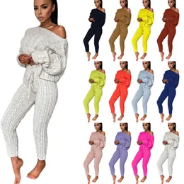 Solid Långärmad Set Höst Vinter Tvådelad Byxor Tröja Outfits Sexig Off Shoulder Lös Top Pencil Suit