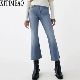 Za Vintage Basic Blue Jean Streetwear High Waist Stretch Flare Spodnie Joggers Spodnie Moda dziewiąta 210809
