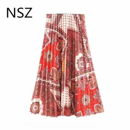 Skirts NSZ Women Print Pleated Summer Skirt Elastic Waist Loose Casual Midi