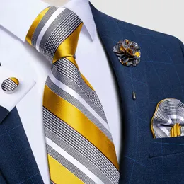 Yellow White Striped Necktie 100% Silk Tie Handkerchief Brooch Set Business Wedding Cravat Gift For Men Gravatas DiBanGu