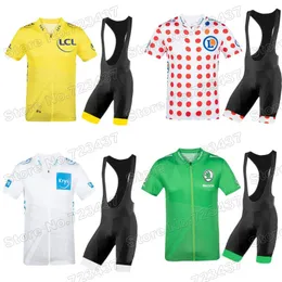 Racing Set 2021 Frankrike Tour Leader Cykeltröja Set Gul Grön Vit Polka Dot Kläder De Road Bike Shirts Kostym Maillot