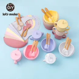 Let'S Make 5PCS/Set Baby Feedings Tableware Silicone Bowl Bib Cup Spoon Fork Non-Slip Bowl Suction Fixing Food Grade Baby Gift 210226