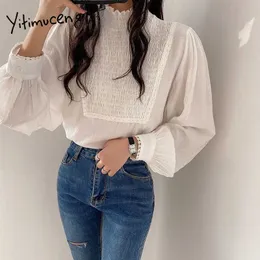 Yitimuceng Geraffte Bluse Frau Oversize Büro Dame Tops Koreanische Mode Langarm Shirts Unicolor Weiß Frühling Sommer 210601