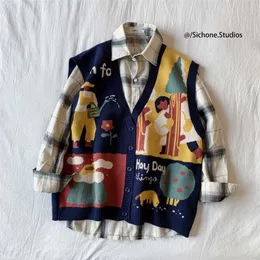 Czytelne koreańskie swetry kamizelki męskie drukowanie luźne dopasowanie bluters dzianiny sweter bez rękawów mężczyźni dorywczo mężczyźni ubrania 211006