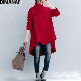 Dimanaf jesień zima sweter kobiety odzież ciepłe bluzy bluzy luźne bawełniane dzianiny zagęścić topy golf czerwony czarny 210816
