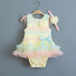Rainbow listras vestido de bebê vestido verão laço crianças baptismo vestido de aniversário princesa meninas roupas infatn vestidos vestido 210315