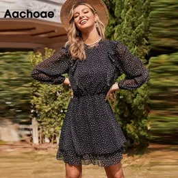 AACHOAE Kadınlar Rahat Baskı Şifon Elbise See Through Uzun Kollu Pileli Mini Elbise Ruffles Beach Sundress Robe Femme S-XL 210316