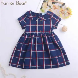 Summer Brand Baby Girl Dress Double Row Button Doll Collar British Plaid Short-sleeved Girls Clothing 210611