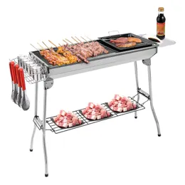Stainless Steel BBQ Grill Large Outdoor Folding Portable Barbecue Meat Rack Picnic BBQ Grill with Storage Basket Board Shelf 210724