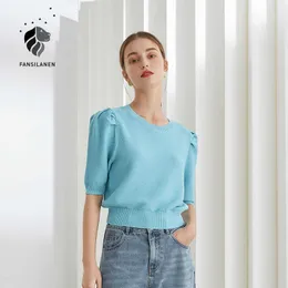FANSILANEN Office Lady Knitwear Thin Puff Sleeve Tops Women Summer Short Round Neck Blue Yellow T-shirt Shirts For 210607