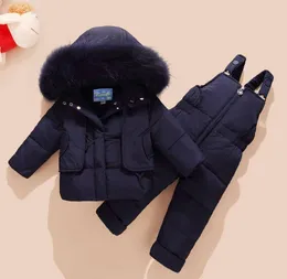 Coat Children Clothing Kids Down Jacket Baby Girl Boy Fur Hooded Parkas +bib Pants Jumpsuit Clothes Winter Snowsuits
